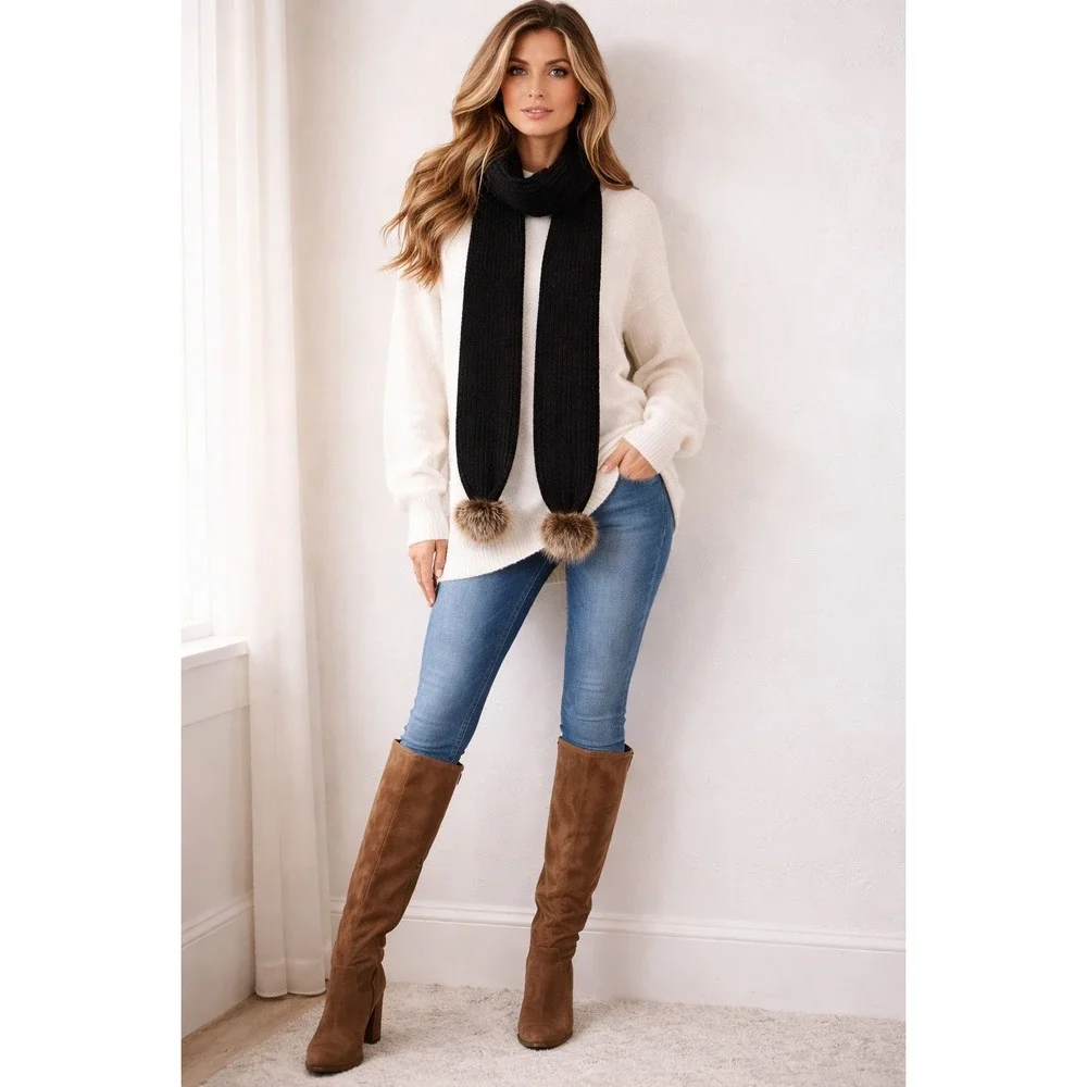 Black Long Chenille Knit Scarf Womens OS Faux Fur Pom Pom‎ Winter Cozy Chic Soft